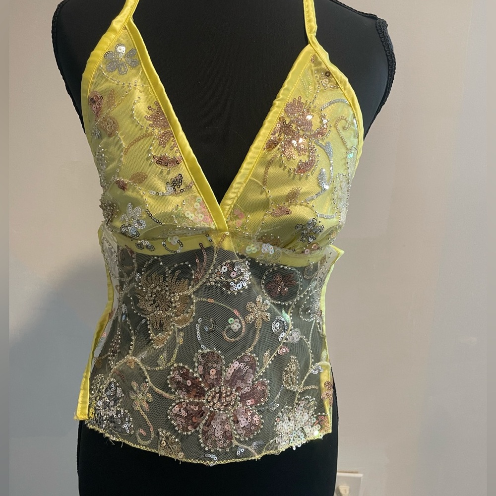 Yellow Sequin Floral Mesh Cami Tank Top